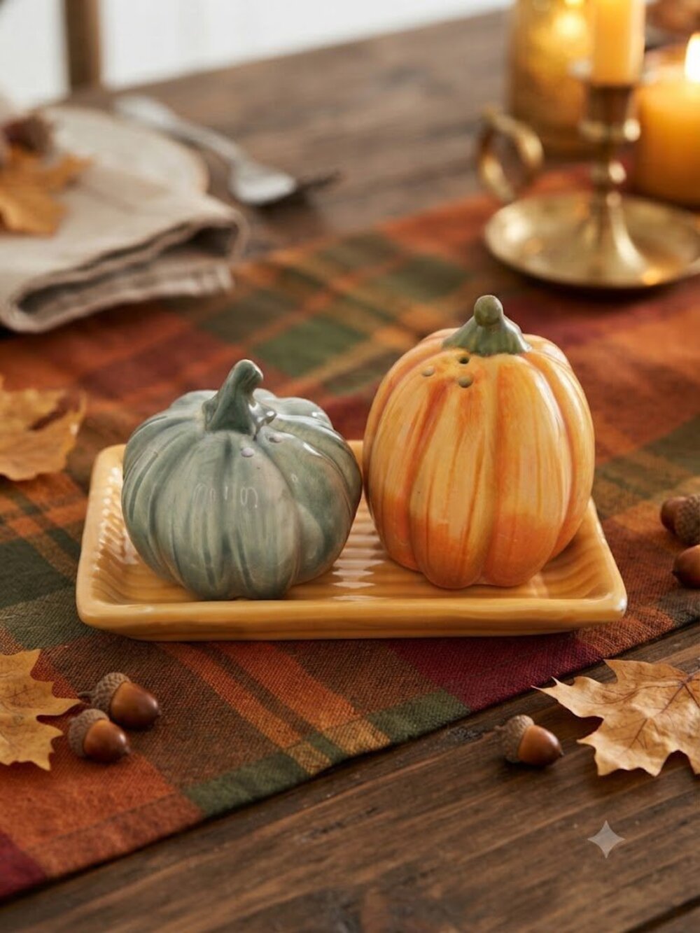 Potter's Studio Ceramic Pumpkin Salt Pepper Shakers Tray Fall Autumn Decor